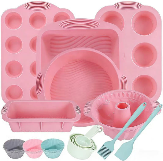 25 PCS Silicone Baking Pans Set, Nonstick Bakeware Sets with Round Cake Pans, Muffin Pans, Baking Cups and Spoons for 450°F Oven Safe Bread, Cupcakes and Desserts (Pink)