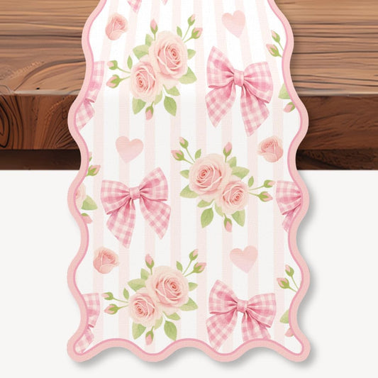 WADORN Pink Bowknot Floral Love Hearts Table Runner Decoration 72x13 Inch | pink white stripe linen kitchen dining desk decor; scalloped edge spring summer table runner for holiday party indoor outdoor