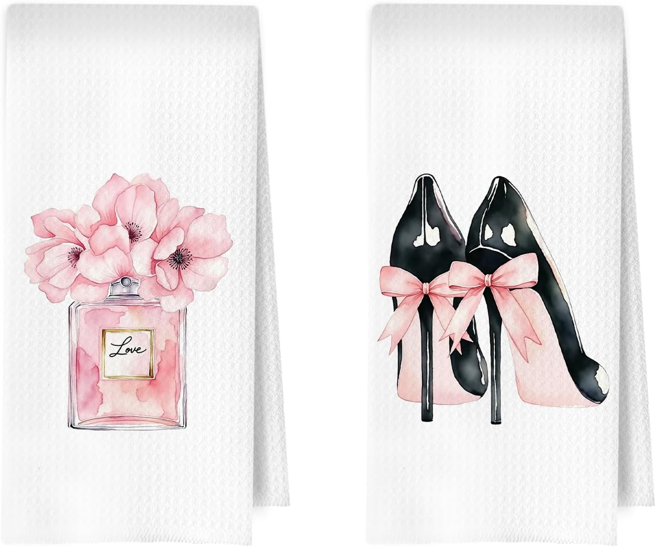 Coquette Girly Bathroom Towels Set - Trendy Preppy Perfume High Heels Decorative Waffle Hand Towels for Girls Dorm Powder Room, Pink and Black Bathroom Decor, 16x24 Inch Set of 2
