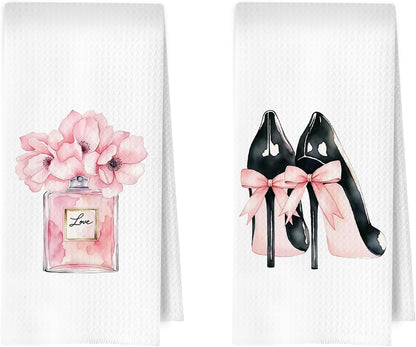 Coquette Girly Bathroom Towels Set - Trendy Preppy Perfume High Heels Decorative Waffle Hand Towels for Girls Dorm Powder Room, Pink and Black Bathroom Decor, 16x24 Inch Set of 2