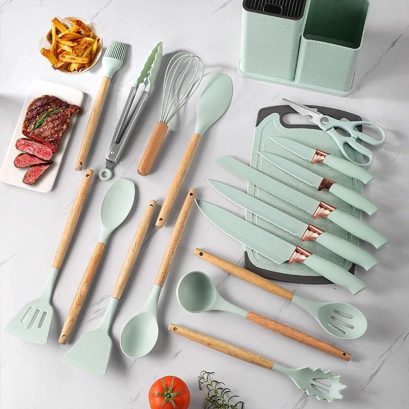 19-Piece Kitchen Utensil & Knife Block Set: 12 Non-Stick, Heat-Resistant Silicone Cooking Utensils (Spatula, Tongs, Ladle, Scissors) + 5 Sharp Kitchen Knives & Cutting Board (Pink)