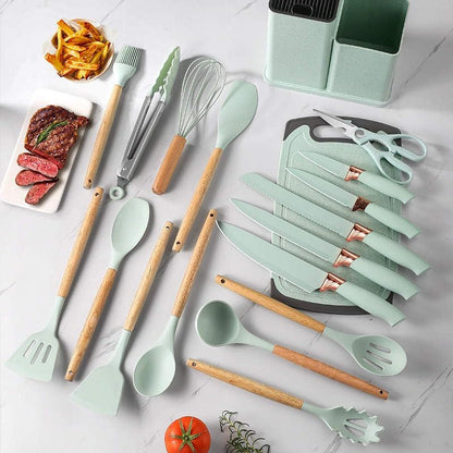 19-Piece Kitchen Utensil & Knife Block Set: 12 Non-Stick, Heat-Resistant Silicone Cooking Utensils (Spatula, Tongs, Ladle, Scissors) + 5 Sharp Kitchen Knives & Cutting Board (Pink)