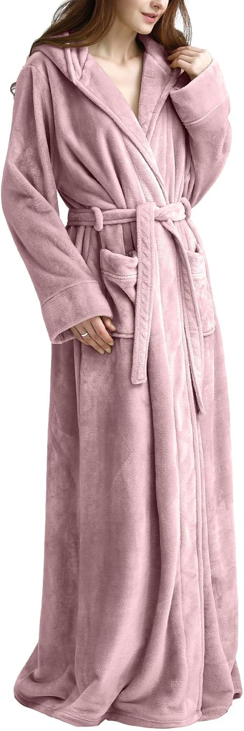 Flygo Womens Fuzzy Plush Long Hooded Robe Full Length Flannel Fleece Bathrobe Warm Housecoat