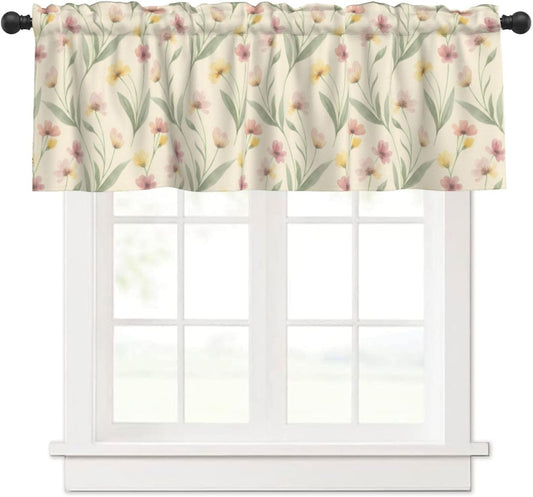 Vintage Pink Yellow Floral Botanical Valances for Windows, Rod Pocket Kitchen Curtain Valances, Light Filtering Short Window Valance Curtains Topper for Bathroom Laundry Room, 54x18 Inch