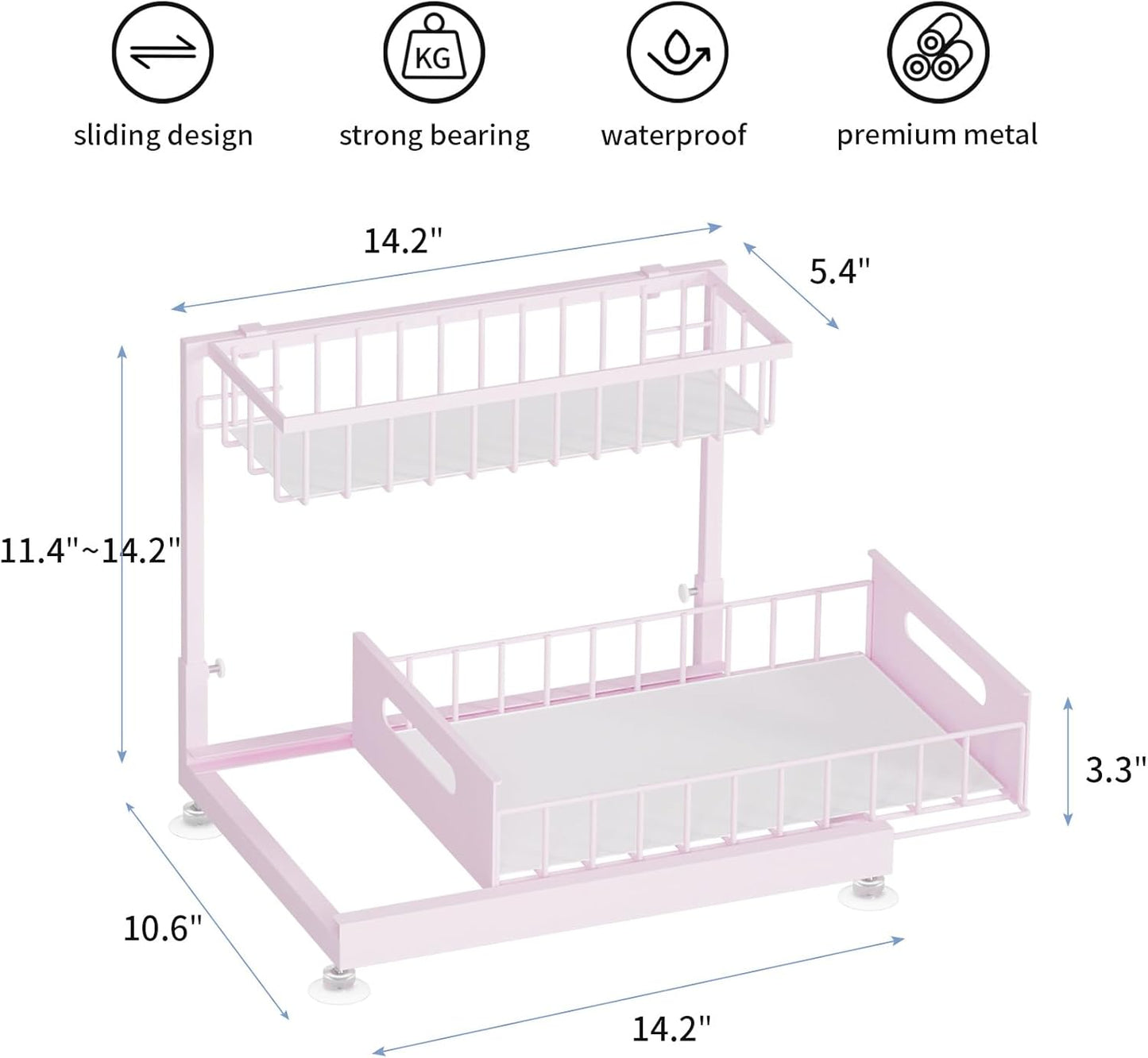 Saydear Under Sink Organizer Storage 2-Tier Premium Metal Pull-Out Kitchen Cabinet Organizer with Sliding Drawer, Height Adjustable, Heavy Duty for Kitchen & Bathroom Organizers 1 Pack Pink