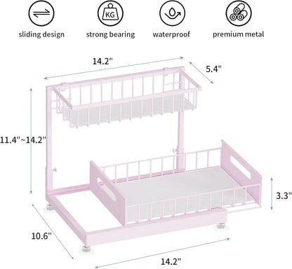 Saydear Under Sink Organizer Storage 2-Tier Premium Metal Pull-Out Kitchen Cabinet Organizer with Sliding Drawer, Height Adjustable, Heavy Duty for Kitchen & Bathroom Organizers 1 Pack Pink
