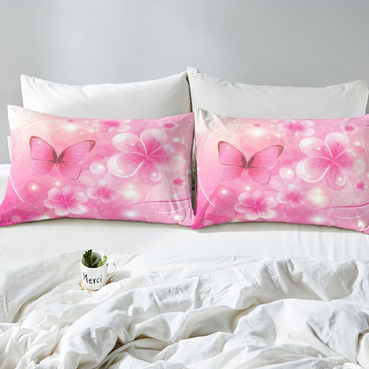 Erosebridal Flower Bed Sheets Set Twin Butterfly Sheet Set Glitter Peach Blossom Dots Princess Sheets Dreamy Pink Florals Line Flat Fitted Sheet