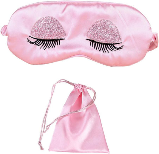 Sweet Girl's Satin Eye Mask Long Eyelash Embroidered Eye Cover Sleeping Eyeshade with Portable Pouch