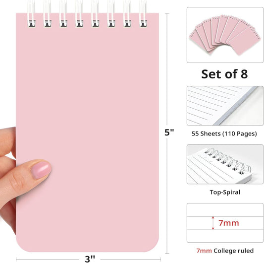 Taja Pocket Small Notebook 3" x 5", Set of 8 Mini Little Spiral Notebook, Nursing Notepad, Perfect for Work, School, Office, Nurse, Travel - Pink