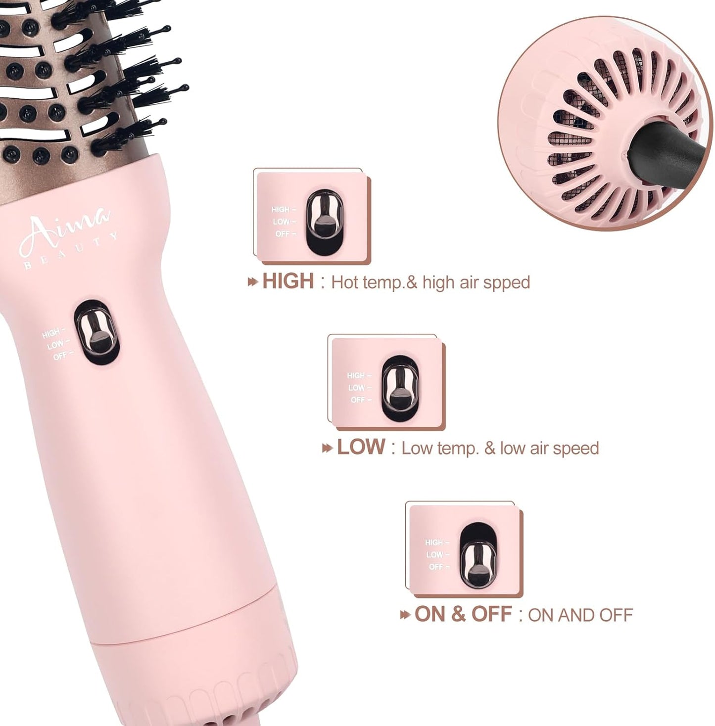 Aima Beauty Travel Hair Dryer Brush Dual Voltage Blow Dryer Brush Hot Air Brush with Oval Barrel 360°Airflow for Smooth, Negative Ionic Frizz-Free Drying/Straightening/Voluming, Pink