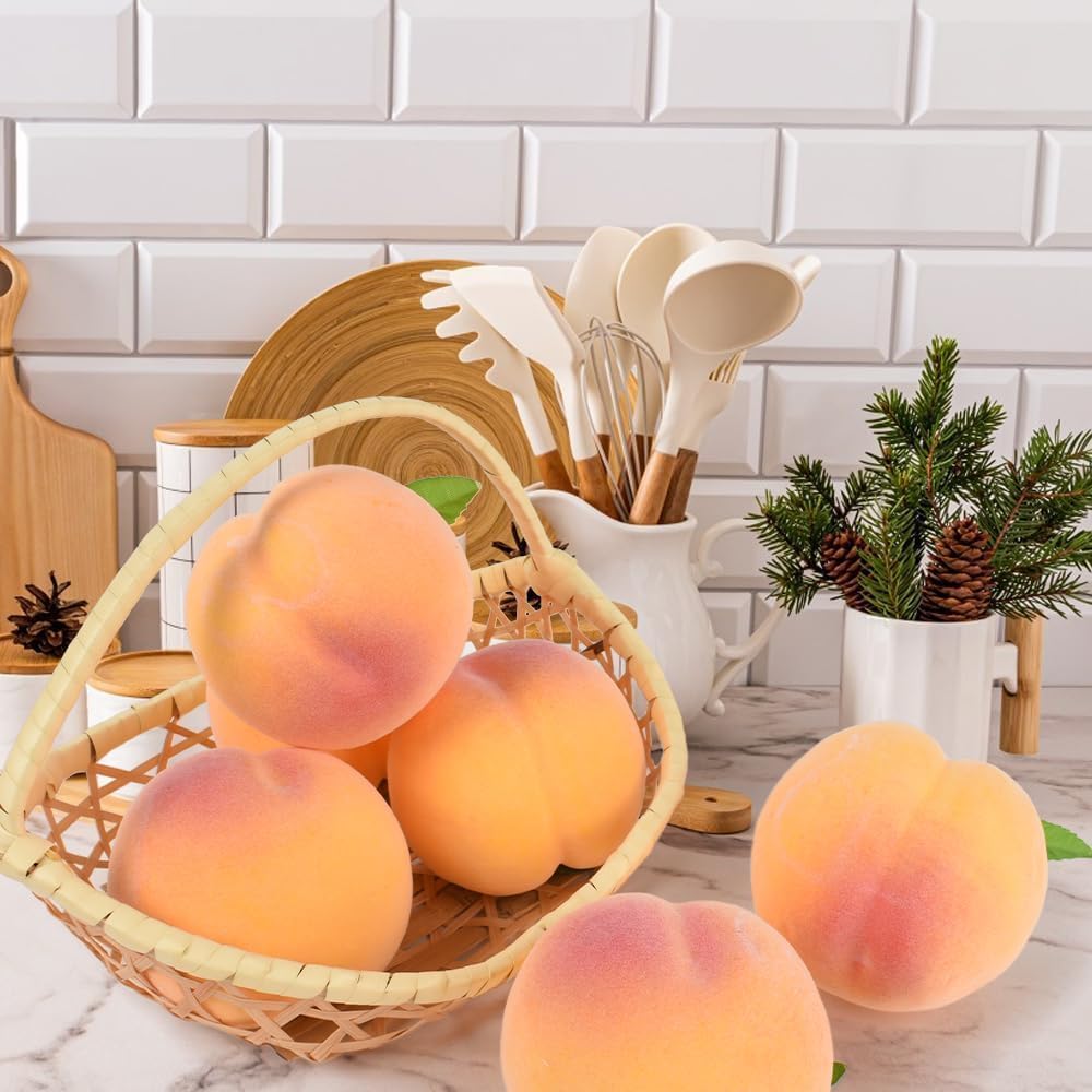 Artificial Yellow Peach, Lifelike Fake Fruit, Realistic Simulation Peach for Home Kitchen Table Cabinet Decoration, Photography Props, Party Display 6PCS