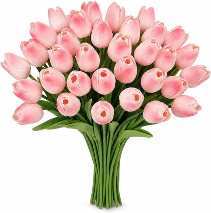 MACTING 30 PCS Artificial Tulip Flowers 13.7" Real Touch Fake PU Tulips Bouquet Faux Flowers for Floral Arrangements Table Centerpieces Kitchen Indoor Home Mothers Day Decorations,Peach Pink