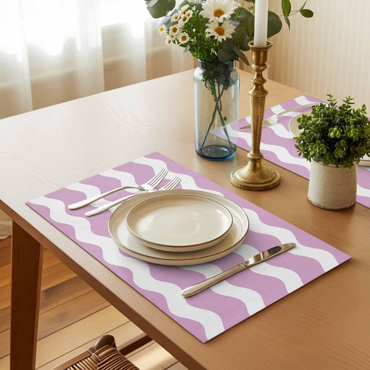 Pink and White Stripes Placemat Set of 6 Non-Slip Placemats for Dining Table Sea Wave Washable Table Mats, Heat Resistant Kitchen Table Mats for Party, Dining Room & Home Decor