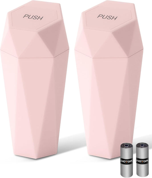 HOTOR Car Trash Can with Lid - 2 Pack, Car Accessories for Interior, Leakproof Vehicle Garbage Can with 30 Attached Trash Bags, Multipurpose Organizers and Storage for Home, Office, Pink