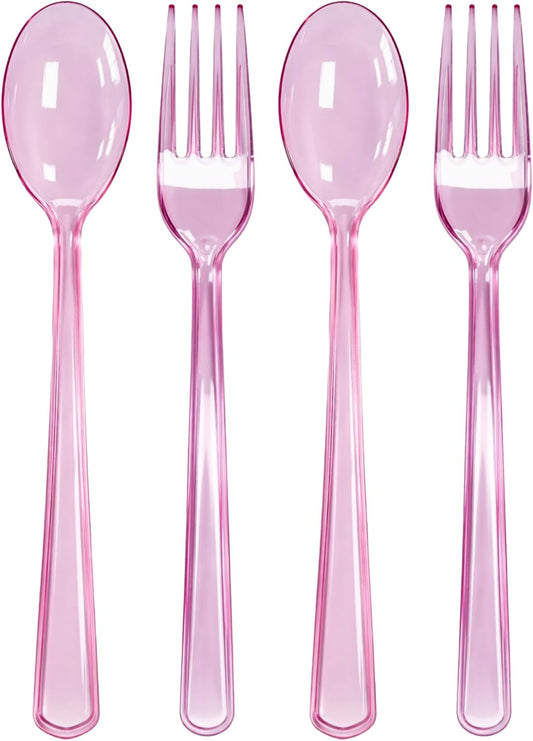 Blue Orchards Clear Pink Spoon and Fork Set (24 Each) – Heavy Duty Pink Translucent Utensils, Durable Disposable Colored Cutleries, Plastic Party Flatware for Birthdays, Baby Showers, Special Events