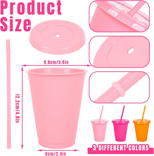 Whaline 18 Pcs Colored Plastic Cups with Lids Straws 16 Oz Light Pink Hot Pink Orange Cold Cups Plastic Tumbler for Home Office Party Supplies