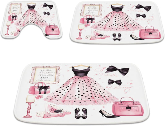 TheBlackSpot Bathroom Rugs Sets 3 Piece Pink Cute Bow Bathroom Mat Set Girly Girls Aesthetic Pretty Women Funky, Memory Foam Bathroom Rugs, U-Shaped Toilet Rug Non Slip Absorbent Pink