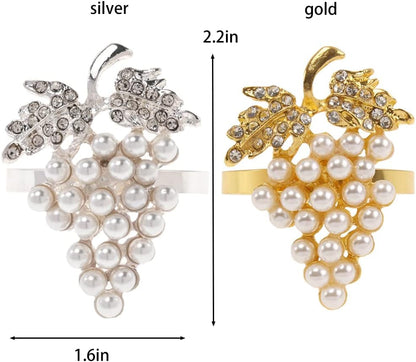 Set of 6 Grape Napkin Rings Imitation Pearl Gold Alloy Napkin Ring Holders for Dinning Table Decor (6, Gold)