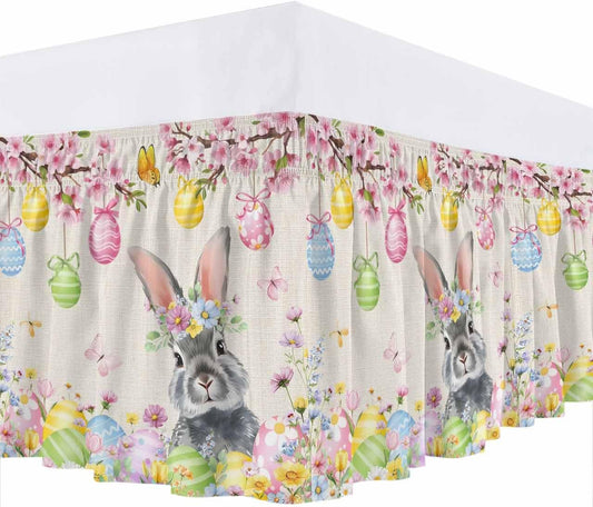 Easter Rabbits Bed Skirt Queen Size 16 Inch Drop, Wrap Around Bed Skirts, Weeping Pink Peach Eggs Vintage Beige Spring Elastic Bedskirt Pleated Bed Frame Cover Luxurious Dust Ruffle for Queen Bed