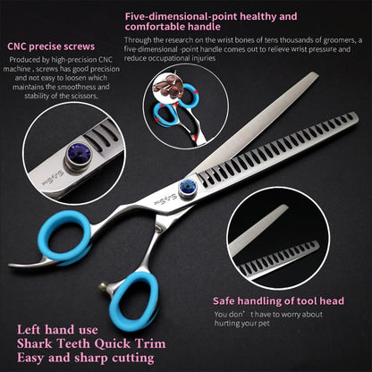 7.5in Left Handed Professional Dog Grooming Scissors Chunker, VG10 Steel Pet Shears Sharp Shark-Tooth Blade, 24 Teeth Dog Cutting Scissors for Groomer at Home Use, Thinning Rate 65%, Pink