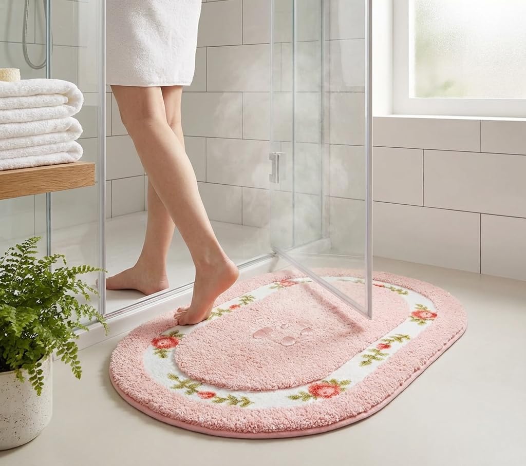 Romantic Rose Flower Pink Bath Mat - Super Soft Non-Slip Absorbent Rose Rug for Bathroom Bedroom Living Room and Entryway (15.7 x 23.6 Inches, Oval)