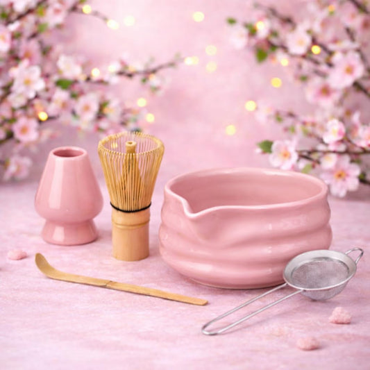 Marce Matcha Whisk Set- Matcha Set includes Matcha Whisk and Bowl with Spout, Sifter, Holder and Scoop- The Perfect Bamboo Whisk for Matcha Tea (Pink)
