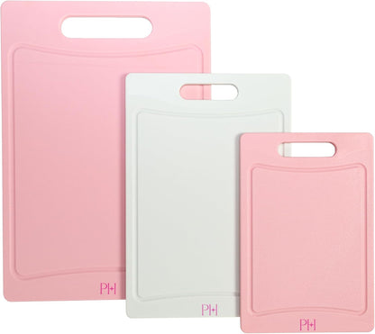 Paris Hilton Cutting Boards for Kitchen, Reversible Dual Sided Plastic Cutting Board Set with Juice Grooves, Easy Grip Handle, Heavy Duty and Made Without BPA, Dishwasher Safe, 3-Piece, Pink and Cream