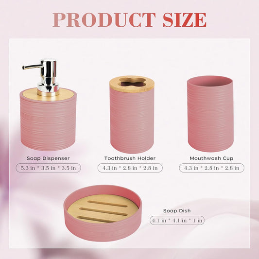 4 PCS Light Pink Bathroom Accessories Set, Includes a Soap Dispenser, Toothbrush Holder, Soap Dish and Mouthwash Cup, Plastics & Bamboo Bathroom Set, Bohemian Style Bathroom Sink Set