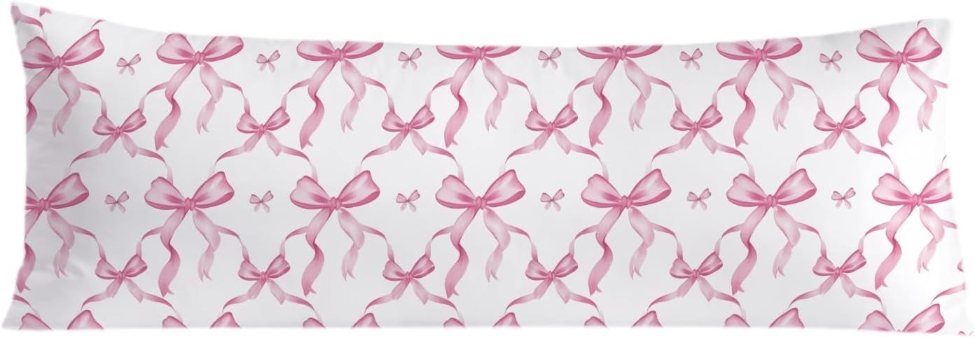 Coquette Pink Bow 20x54 Body Pillow Cover, Coquette Preppy Room Dorm Decor, Girly Room Decor Aesthetic, Pink Ribbon Decorative Long Body Pillow Cases for Bed Couch