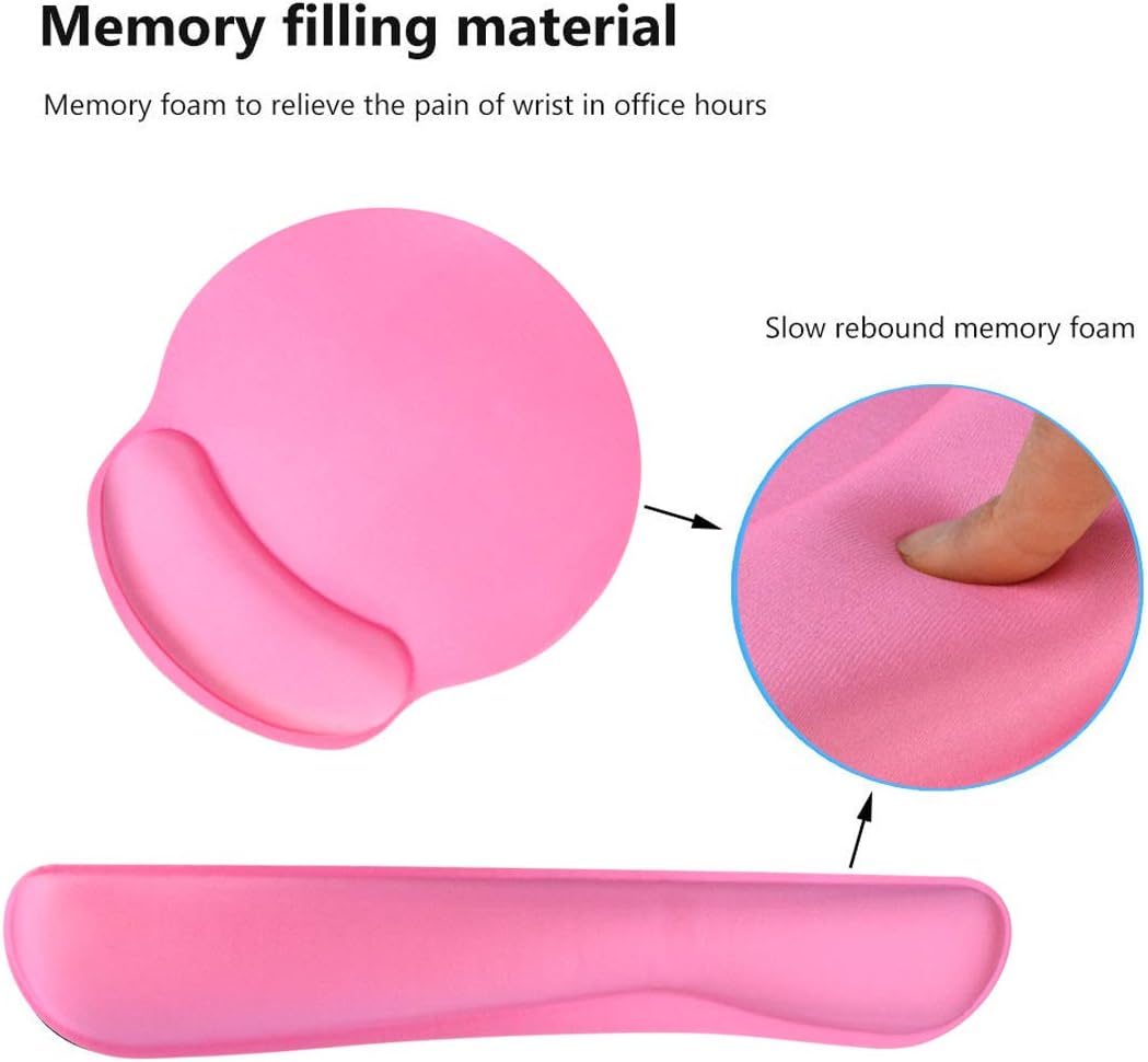 Keyboard Wrist Rest Pad Mouse Pad, Memory Foam, Rest Pads Sets for Comfortable Typing & Wrist Pain Relief, Anti-Slip Rubber Base (Rose Pink)
