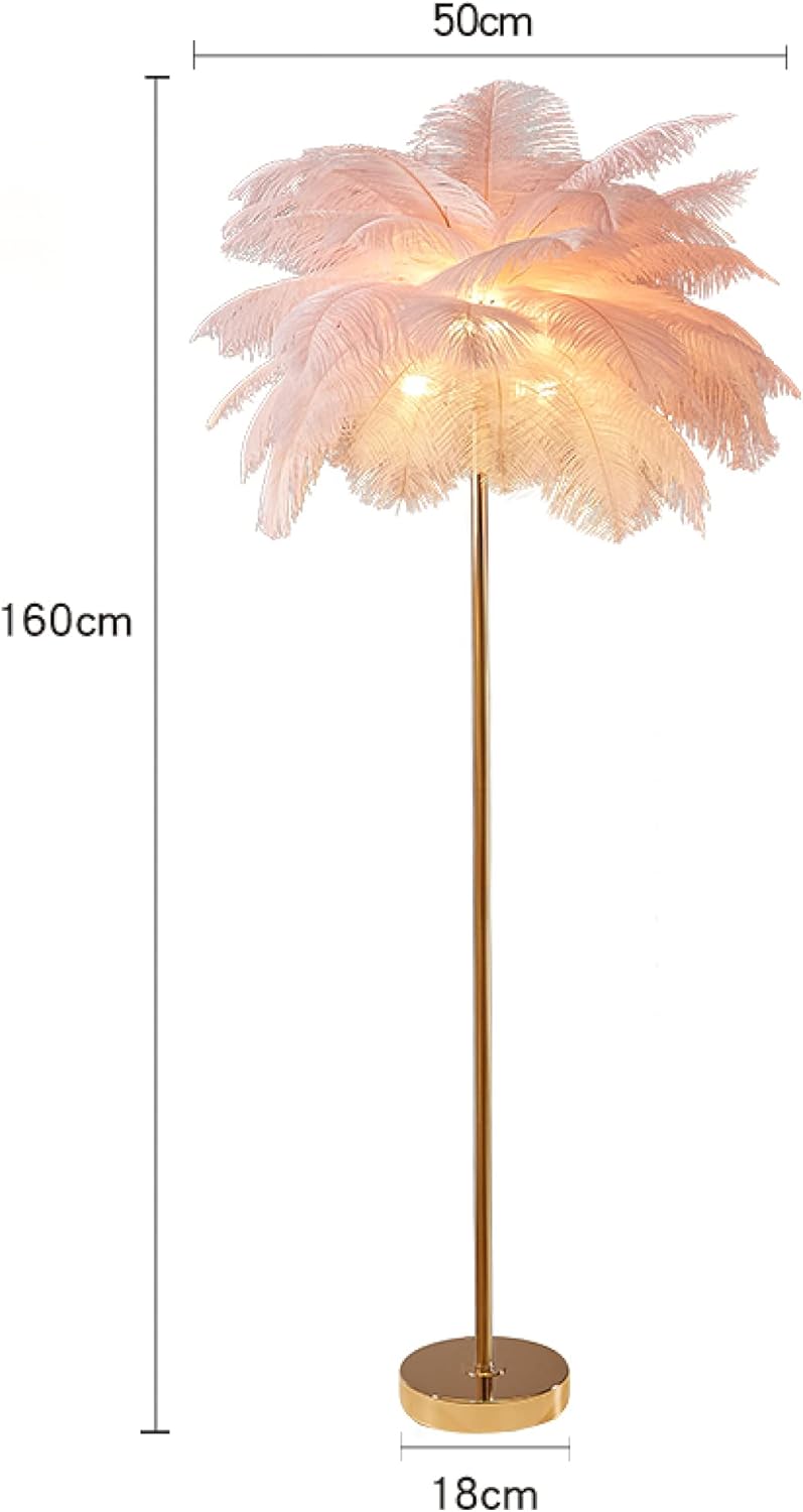 Natural Ostrich Feather Floor Lamp, 3-Way Color Temperature,Simple Modern Bedroom and Living Room Standing Lamp, Golden Lamp Body, G4-LED Bulb (Pink)