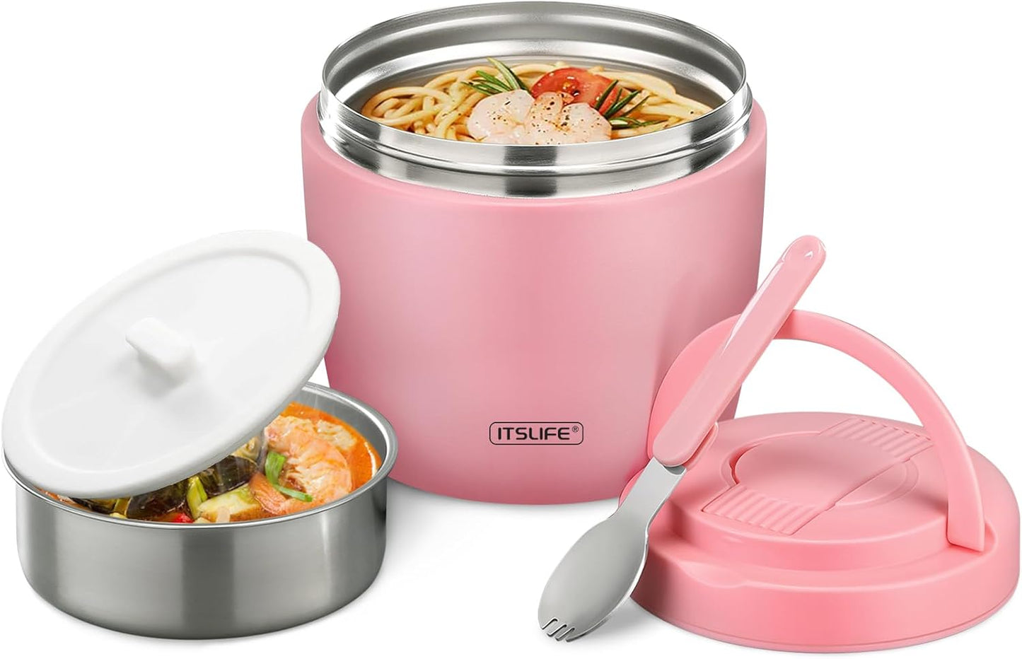 Itslife 32oz Insulated Soup Thermo, Vacuum Stainless Steel Food Jar for Hot & Cold Food, Leakproof Wide Mouth Lunch Container with Spoon (Light Pink)