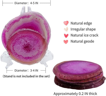 Geode Agate Slice Coasters Dyed Pink 3-4" Set of 4 Crystal Decorations Art Coaster Stone Bar Sets for The Home Drinks