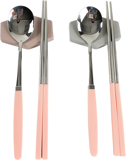 Modern Stainless Steel Spoon and Chopsticks Set of 2 – Lightweight, Dishwasher Safe, Reusable Premium Flatware for Daily Dining, Party, Event or Gift, Made in Korea (Soft Pink)