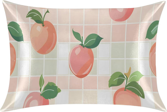 Fruit Peach Satin Pillowcase for Hair and Skin Pink Buffalo Plaid Pillow Cases Standard Size Soft Cooling Satin Pillow Covers with Zipper for Men Women 20x26 Inches