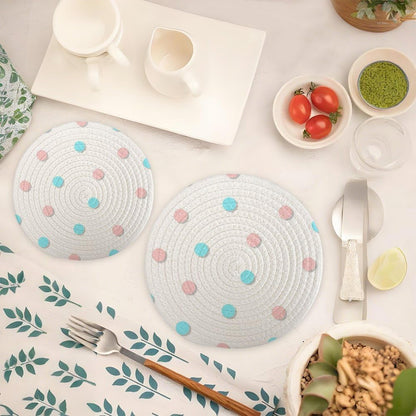 Cotton Trivets Mats 2 Pcs, Light Pink Polka Dot Pure Cotton Weave Trivets for Hot Pots and Pans, Pure Stylish Coasters Home Essentials for Table Counter Cooking