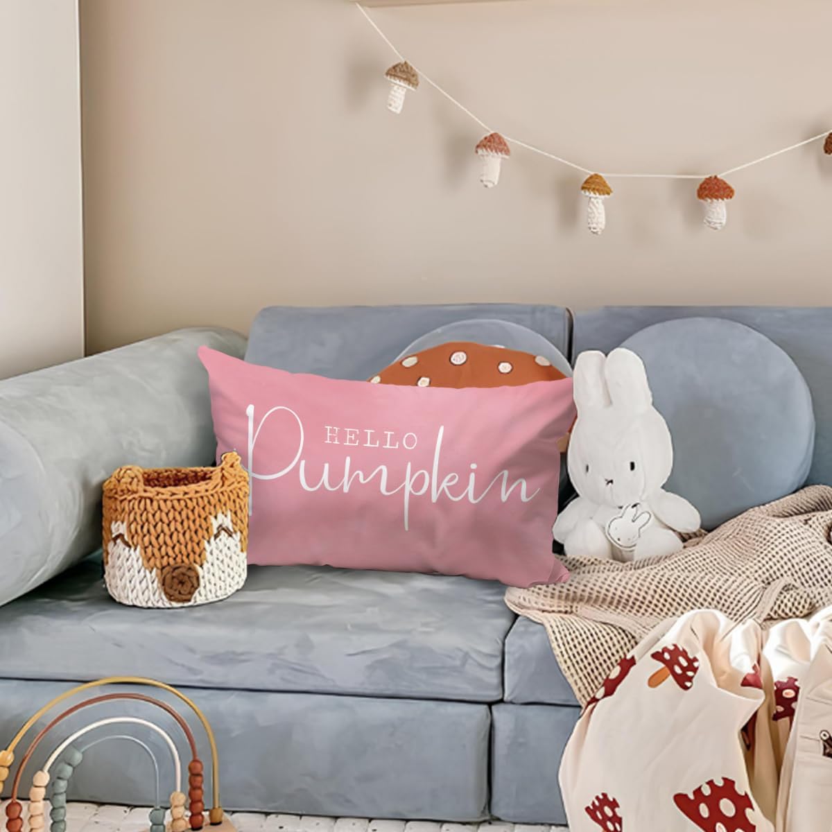 Pink Fall Throw Pillow Cover 12x20, Fall Room Decor, Hello Pumpkin Autumn Decor Pillow Cover Indoor Outdoor Living Room Bedroom Porch Sofa Home Decoration