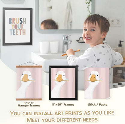 Wheatwin Girls Bathroom Decor Set, Pink Goose Nursery Animal Bathroom Wall Decorations for Kids Toddler Little Girls Toilet Washroom, 8x10 Unframed 4Pcs - Pink