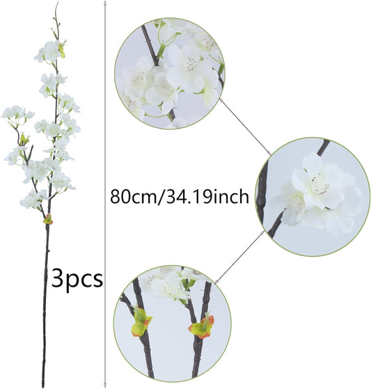 CITYES 3 Pcs Artificial Cherry Blossom Branches Flowers White Silk Peach Flowers Bulk Faux Spring Branches Arrangement Fake Cherry Stems for Indoor Outdoor Party DIY Wedding Table Vase Decor