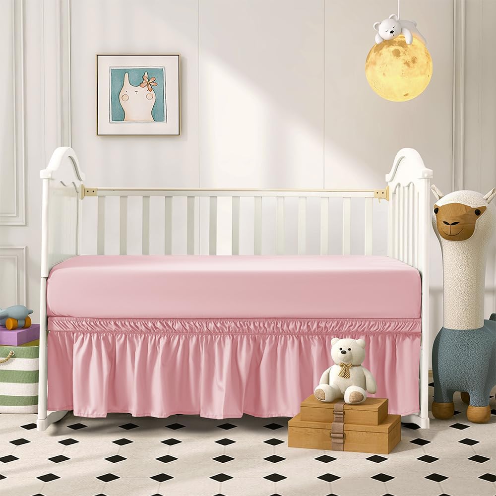 2 Piece Light Pink Crib Bed Skirt Fitted Sheet,Crib Sheet Bed Set for Toddlers Baby,52"x28" with 8" Pocket CribSheet,52"x28" with 14" Drop CribSkirt for Standard Toddler Bedding