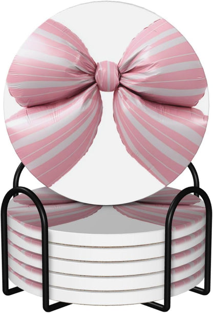 Light Pink Bow Balloon Candy Stripe Pattern Ceramic Coasters with Holder Set of 6 Coffee Cup Drink Coasters