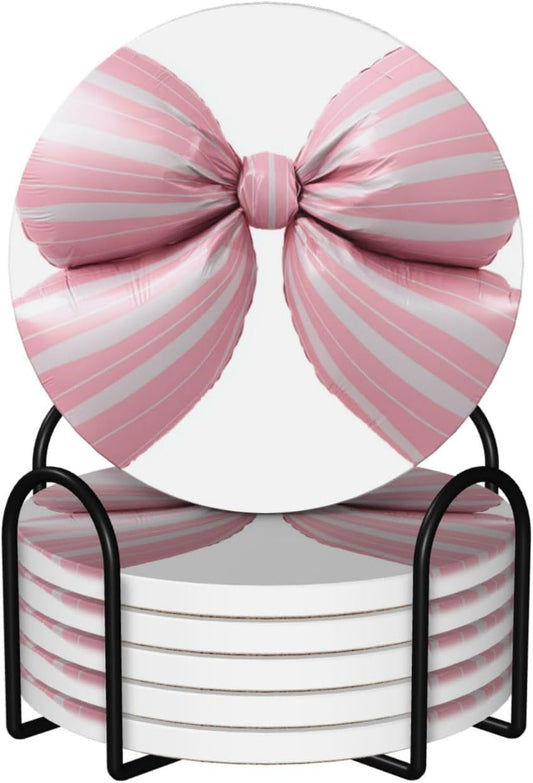 Light Pink Bow Balloon Candy Stripe Pattern Ceramic Coasters with Holder Set of 6 Coffee Cup Drink Coasters