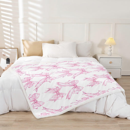 jejeloiu Kids Pink Bows Fleece Throw Blanket 40"x50" Watercolor Bow Ribbon Fuzzy Blanket for Bed Sofa Couch Cute Princess Themed Sherpa Blanket Fuzzy Blanket
