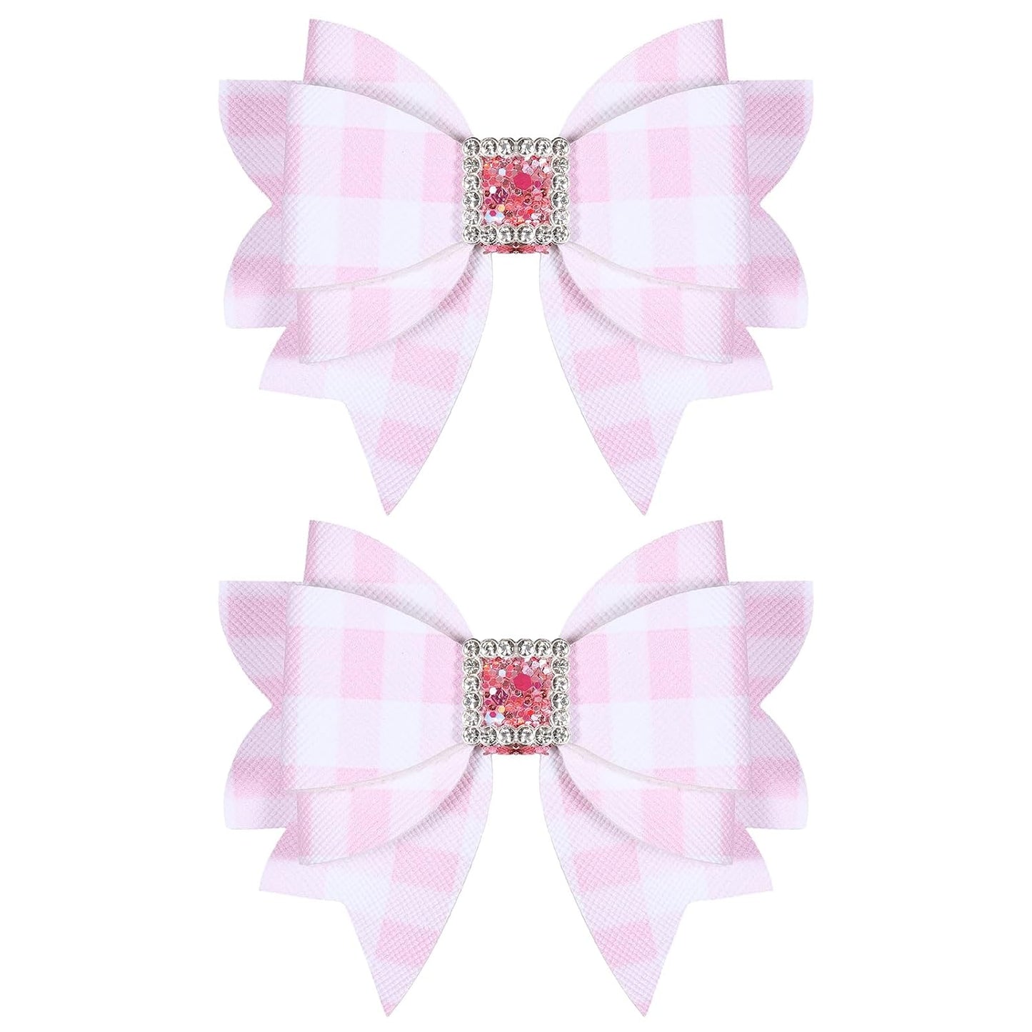 3.5'' Glitter Light Pink Checkered Plaid Hair Bows for Girls Women 2pcs Sparkly Grids Checkered Leather Bow Alligator Clips for Wedding Everyday Dress Decor Accessory Birthday Gift