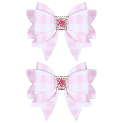 3.5'' Glitter Light Pink Checkered Plaid Hair Bows for Girls Women 2pcs Sparkly Grids Checkered Leather Bow Alligator Clips for Wedding Everyday Dress Decor Accessory Birthday Gift
