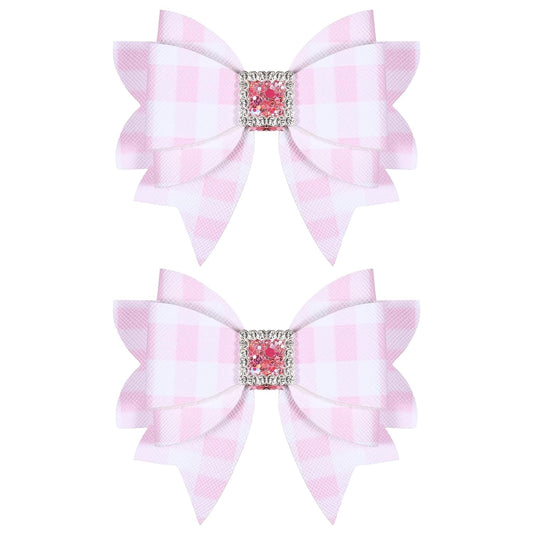3.5'' Glitter Light Pink Checkered Plaid Hair Bows for Girls Women 2pcs Sparkly Grids Checkered Leather Bow Alligator Clips for Wedding Everyday Dress Decor Accessory Birthday Gift