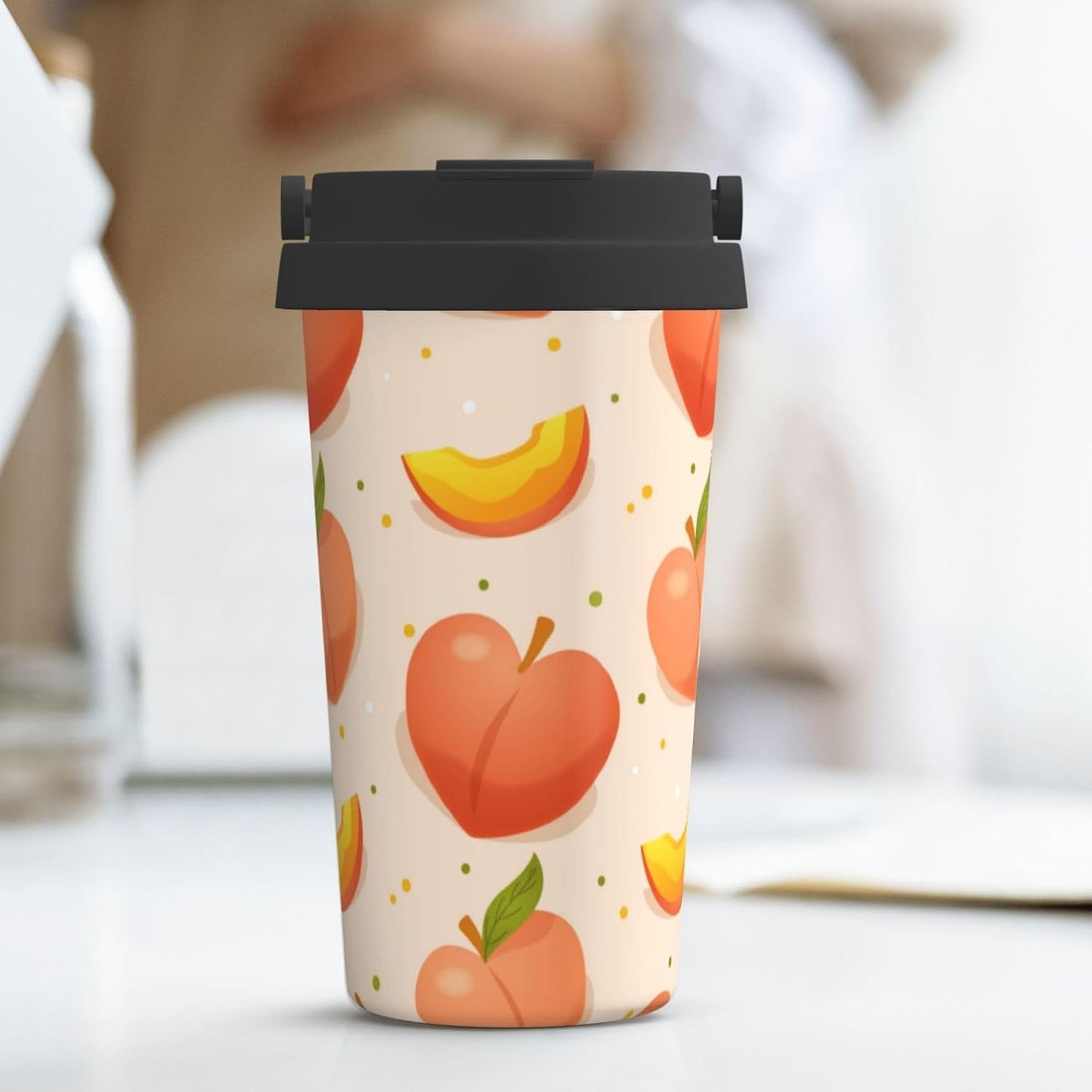 Apricot Peach Fruit Pattern Office Coffee Tumbler | Stainless Steel Travel Coffee Cup Double Wall Insulated Flip Lid Lightweight Portable Driving Mug