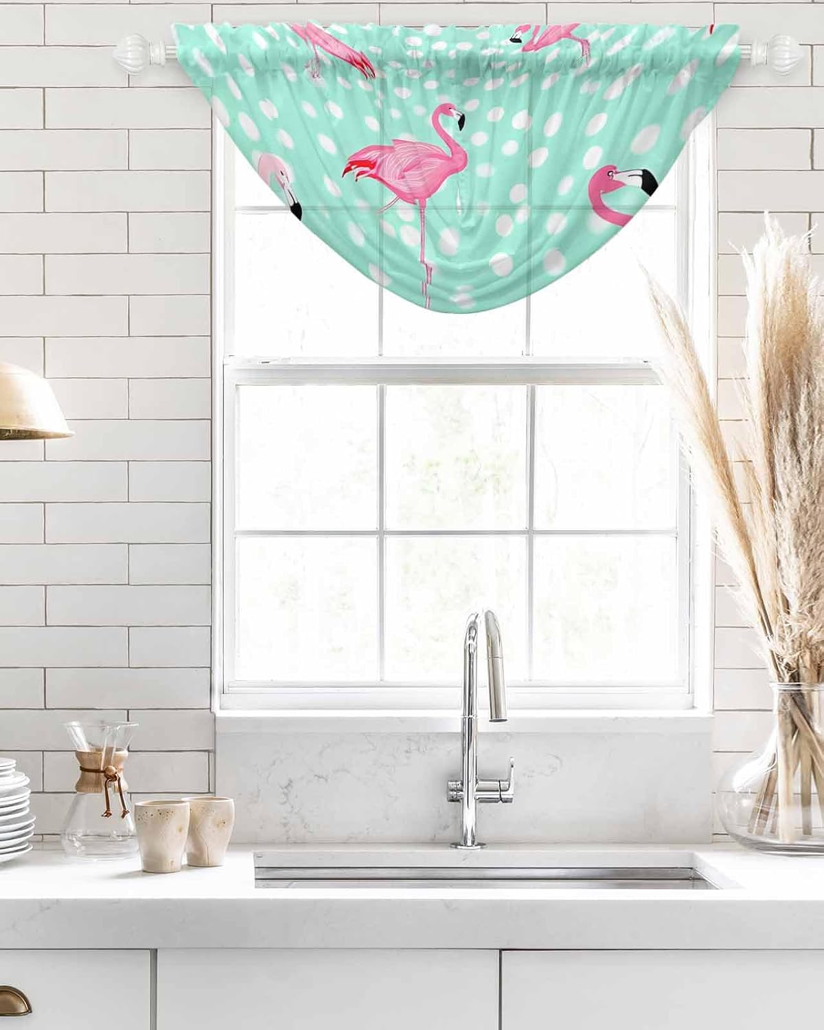 Waterfall Valances for Windows, Green Flamingo Transparent Swag Valance Curtains for Living Room Kitchen, Polka Dot Modern Art Sheer Drapes Curtains for Bedroom,38.5"x47.2",3 Panels
