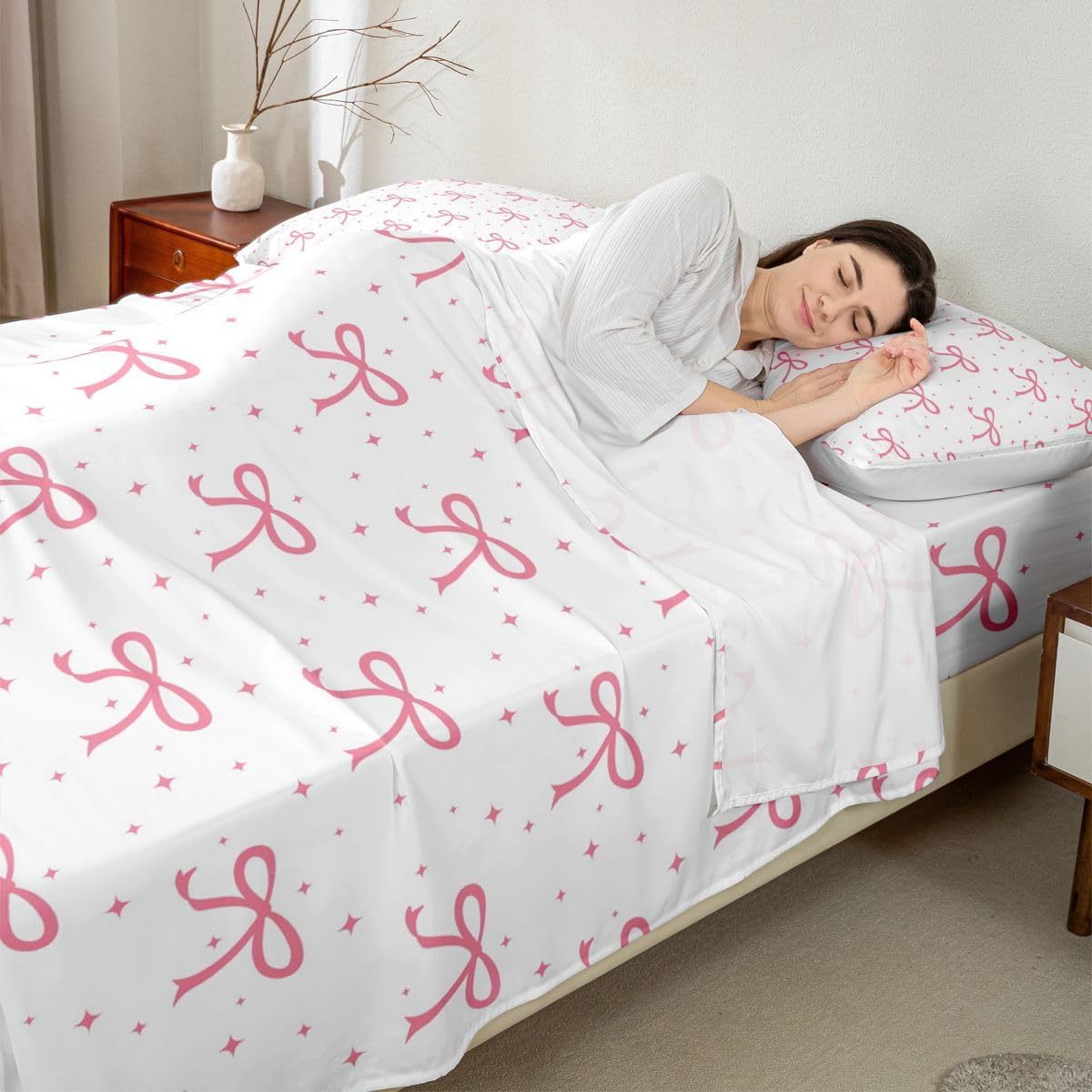 Erosebridal Pink Bow Girls Bed Sheets Queen Coquette Bows Sheet Set Ribbon Bowknot Bedding Set for Kids Girls Boys Adults Girly Preppy Dreamy Princess Fitted Flat Sheets 4 Piece