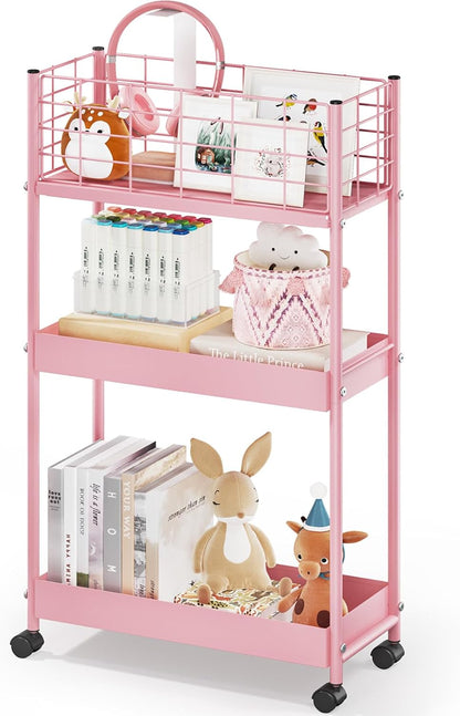KINGRACK Slim Rolling Storage Cart 3 Tier - Heavy Duty Metal Utility Cart with Raised Edge & Wheels, Narrow Small Mobile Organizer Shelves for Bathroom, Kitchen, Laundry, Office, Living Room, Pink